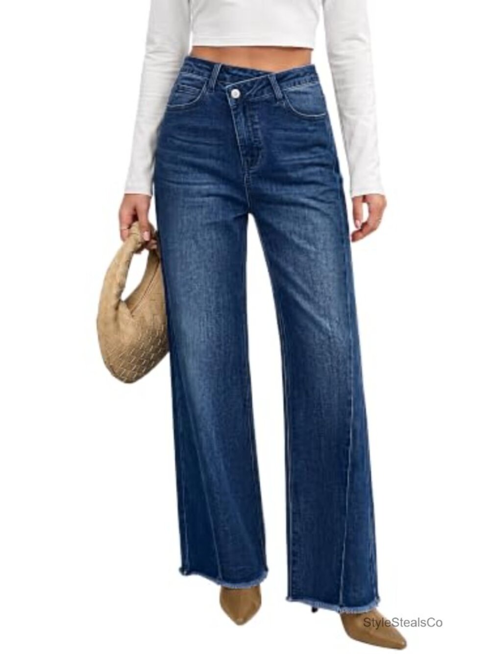 High Waisted Wide Leg Stretch Denim Boyfriend Jeans Raw Hem
